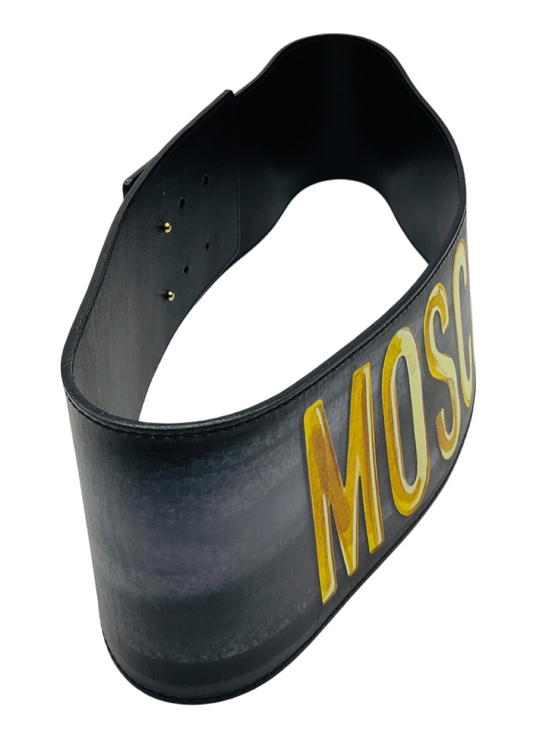MOSCHINO BLACK / GOLD LOGO GRAPHIC PAINTED GENUINE LEATHER WIDE BELT